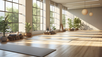 Spacious yoga studio with serene decor and natural light - obrazy, fototapety, plakaty
