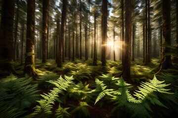 A dense pine forest with a carpet of ferns, sunlight filtering through the branches under a sky with scattered clouds.