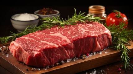 Fototapeta premium Raw beef steak with herbs and spices on a wooden cutting board.