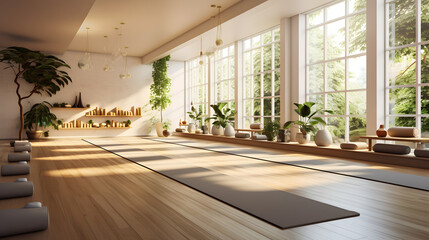 Spacious yoga studio with serene decor and natural light
