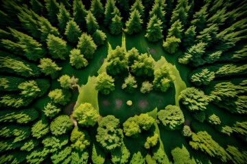 From above, the drone unveils the enchanting patterns of a green forest, with the camera highlighting the diversity of trees and bushes in the tranquil countryside