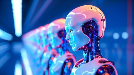 Robots standing in a row on futuristic technology background in neon pink blue light. Artificial intelligence digital technology innovation concept.