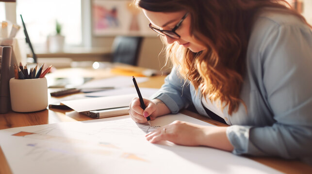 Young woman designer illustrator working at a project. Sitting at a desk drafting sketching on paper with pencil. Creative professional freelancer