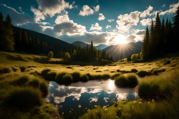 A mountain meadow with a bubbling stream, the sky above adorned with fluffy clouds casting shadows on the picturesque scene.