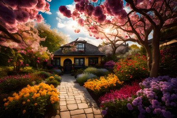 A peaceful garden with vibrant blooms, the sky overhead featuring soft clouds casting shadows on the colorful scene.