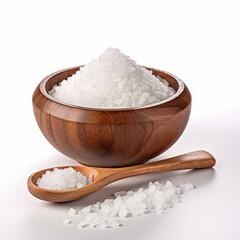 Natural sea salt in wooden bowl and spoon isolated on a white background