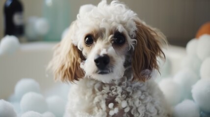 Cute fluffy dog in bath. Dog being bathed in tub with shampoo or soap bubble foam. Pet grooming and clean concept.