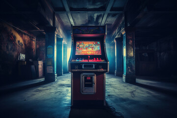 arcade machine in the dark room, vintage color toned picture - obrazy, fototapety, plakaty