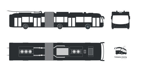 Isolated trolleybus drawing. Black silhouette of industrial transport. Side, front view of electricity vehicle. Trolley bus template