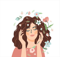 Portrait of cute girl with flowers. Self care, self love, harmony. Isolated vector design.
