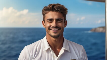 Portrait of smiling young guy as captain of ship on uniform on the sea background from Generative AI