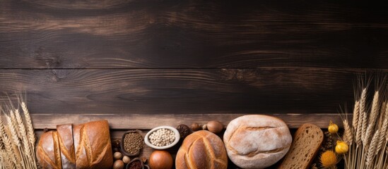 In the photo, a white banner hangs behind a wooden table covered with a natural, organic breakfast spread. The texture of the bread's wheat crust highlights its healthy qualities.