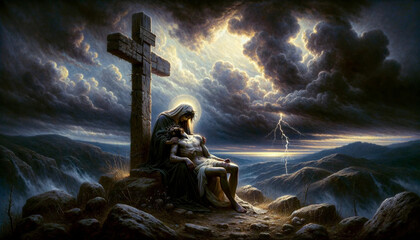 Eternal Grief at Golgotha: Mary Holding Christ's Crucified Body Under Stormy Skies - obrazy, fototapety, plakaty