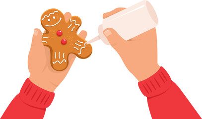 Child decorating gingerbread cookie. Kid's hands with traditional Christmas biscuit