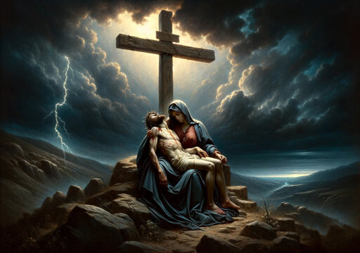 A Mother's Agony and Grief: Mary's Sorrow Holding the Crucified Body of her Son, Jesus Christ, at Calvary, at the Foot of the Cross: The Sorrowful Mysteries.