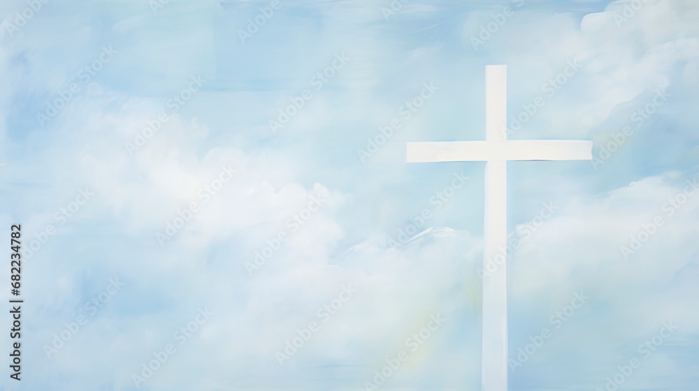 Wall mural Blue and white christian themed background. Grungy abstract clouds with a cross.