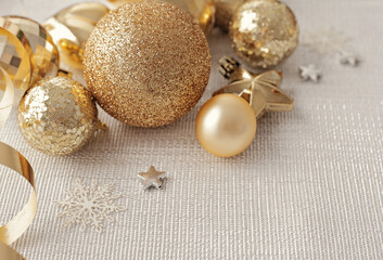 shiny gold christmas ornaments. celebration concept for postcard or invitation - 682235169
