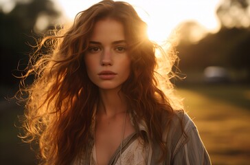 Fototapeta premium Portrait of a young woman with long hair at sunset