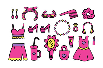 Pink doodle set. Pink trendy set, pink doll aesthetic accessories and clothing. Vector illustration. Yellow and violet accents.