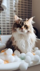 Cute fluffy cat in bath. Cat being bathed in tub with shampoo or soap bubble foam. Pet grooming and clean concept.