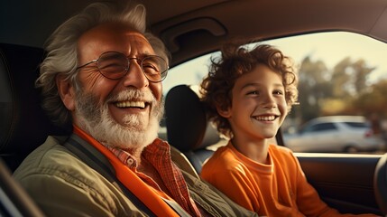 Happy grandfather and grandson riding in the car