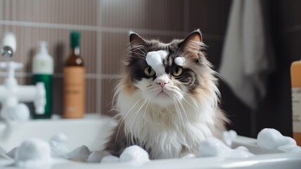 Cute fluffy cat in bath. Cat being bathed in tub with shampoo or soap bubble foam. Pet grooming and clean concept.