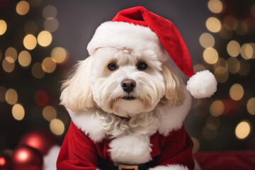 Dog with winter clothes like Santa Claus. Christmas style hat and sweater