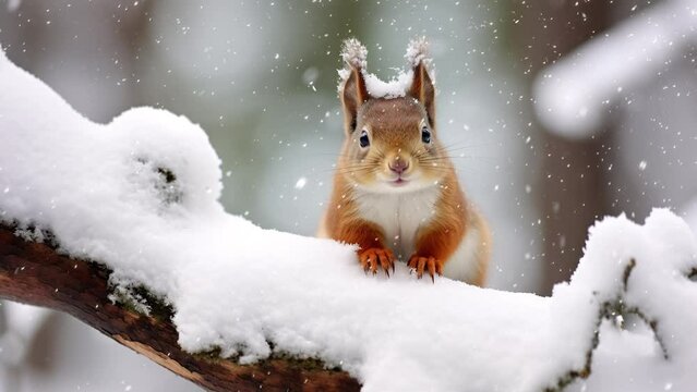 Squirrel on snowy branch with animated snowfall cinemograph.