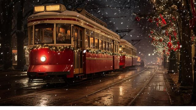 European Christmas Tram Glowing in Snowy Urban Night