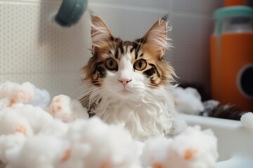 Cute fluffy cat in bath. Cat being bathed in tub with shampoo or soap bubble foam. Pet grooming and clean concept.