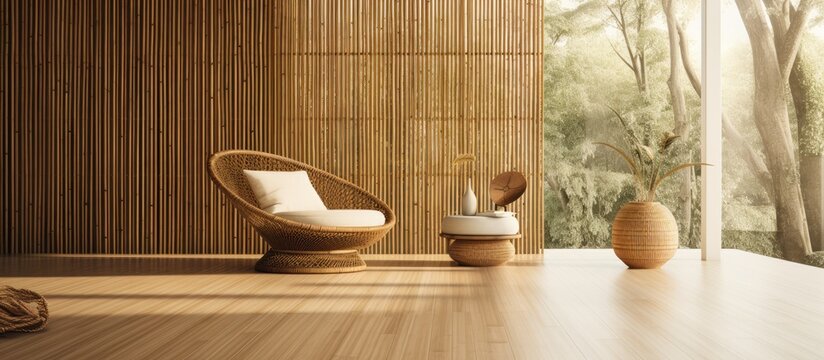 As the eye takes in the abstract nature-inspired design, the wood texture of the floor seamlessly blends with the towering trees, while the bamboo weave adds a natural touch to the timber interior