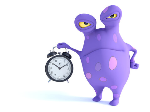 A grumpy spotted monster holding alarm clock.