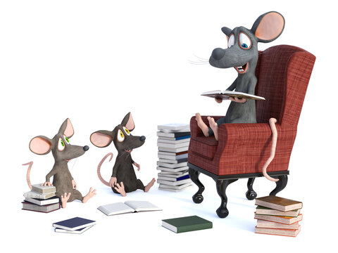 3D rendering of cartoon mice storytime.