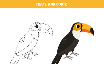 Obraz premium Trace and color cartoon toucan bird. Worksheet for children.