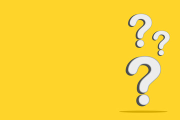 Three white question marks isolated on yellow background. Vector illustration.