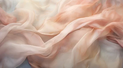 Foto auf Alu-Dibond  a blurry image of a pink and beige fabric on a white background, with a soft, flowing fabric in the center of the image, with a soft pink and white fabric in the middle of the middle of the. © Olga