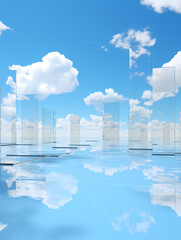 Bright blue sky, white clouds, high hanging large mirror background poster web page PPT