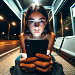 Chica mirando el móvil en parada de transporte por la noche - obrazy, fototapety, plakaty