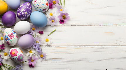 Colorful easter eggs and spring flowers on white wooden background.