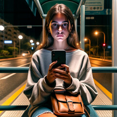 Chica adolescente menor en parada de transporte de noche con móvil en la mano - obrazy, fototapety, plakaty