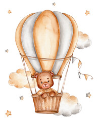 Teddy bear in beige airballoon; watercolor hand drawn illustration