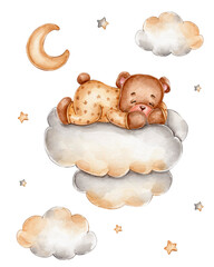 Teddy bear sleeps on cloud; watercolor hand drawn illustration