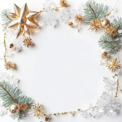 Fototapeta na wymiar Christmas wreath, Xmas white background with realistic tree branch, gold stars, top view festive concept , New Year banner, poster, flat lay, AI generated