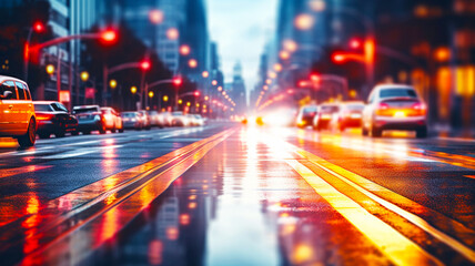 Fototapeta na wymiar Street traffic in the city at dusk in the rain