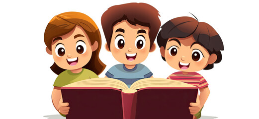 Bible Study with Happy Children in Cartoon Style, Isolated on Transparent Background
