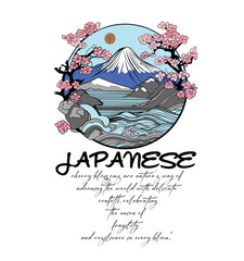 Cherry blossom and snowy mountains landscape in japanese style.t shirt print design.