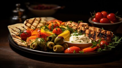  a platter of grilled meat, olives, tomatoes, tomatoes, and pita bread with a side of hummush and olives on a wooden table.