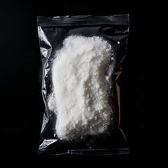 A Bag of Mysterious White Powder on a Sleek Black Background - obrazy, fototapety, plakaty