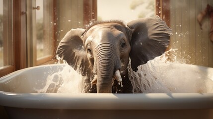  an elephant taking a bath in a bathtub with water coming out of it's trunk and it's head sticking out of the side of the tub.