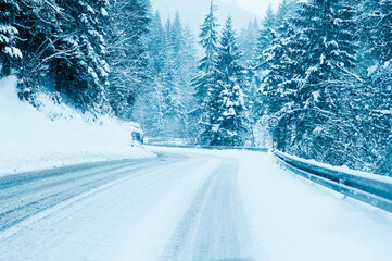 Mountain road snow  winter forest landscape